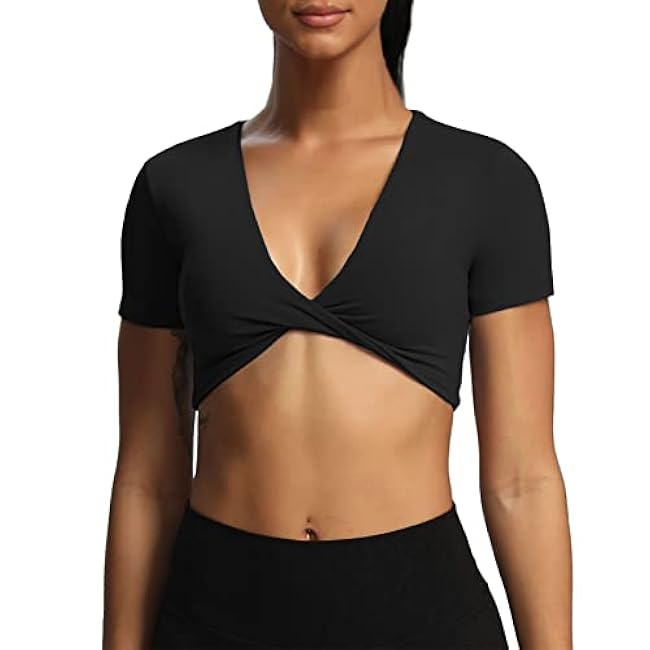Aoxjox Short Sleeve Crop Tops for Women Sienna Twist Deep V Workout Cropped T Shirt Top