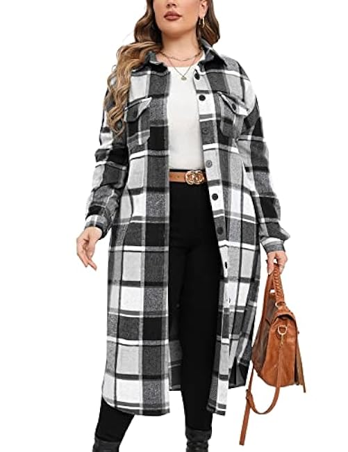 ZOMVA 2024 Women's 0X-5X Plus Size Long Flannel Plaid Shacket Jacket Oversized Button Down Coats Shirts with Pockets