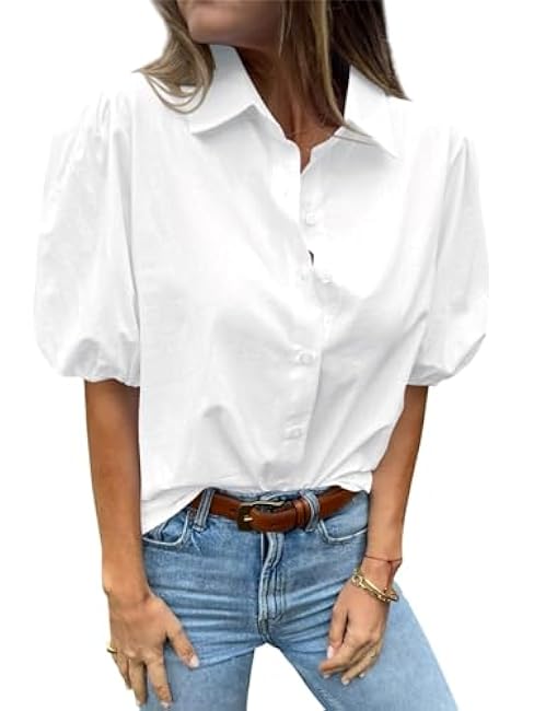 Tankaneo Women's Button Down Shirts Short Puff Sleeve Collared Dressy Casual Blouse Tops