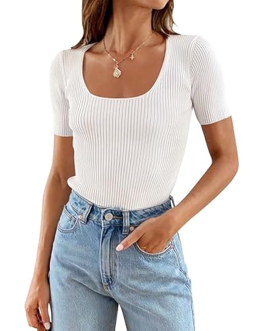 ZESICA Women's 2025 Short Sleeve Square Neck T Shirts Slim Fitted Summer Ribbed Knit Basic Casual Tee Tops