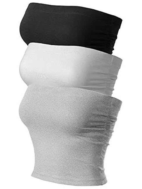 MixMatchy Women's 3 Pack Casual Summer Ruched Side Backless Double Layered Tube Top with Built in Shelf Bra