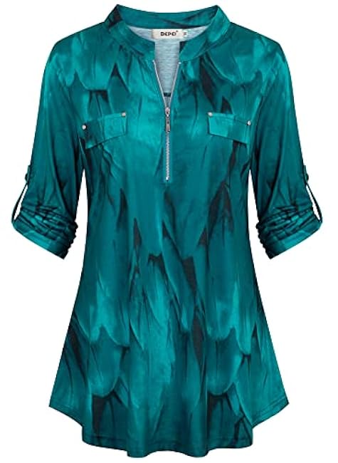BEPEI Womens Floral 3/4 Sleeve Shirts Zip up V Neck Work Chiffon Blouses Top
