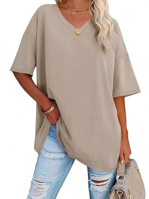 Ebifin Womens Oversized Tshirts V Neck Tee Shirts Half Sleeve Loose Fit T Shirt Cotton Tunic Tops 2024