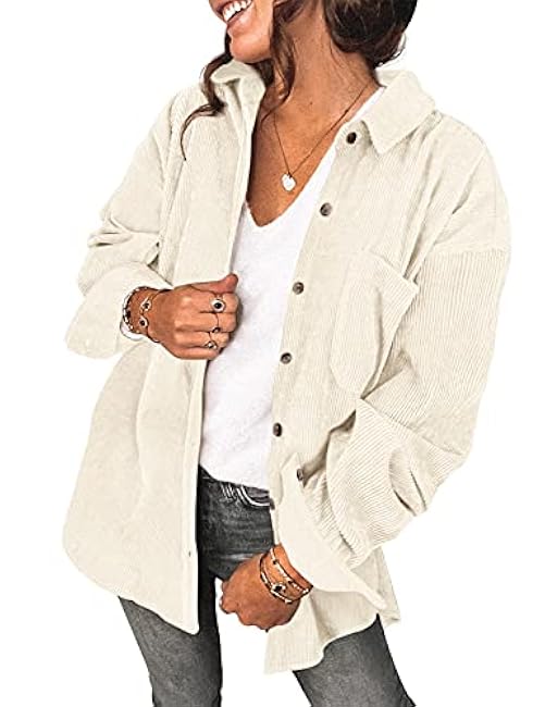 Saslax Womens Corduroy Shirt Long Sleeve Oversized Button Up V Neck Blouses Tops Loose Shacket Jacket