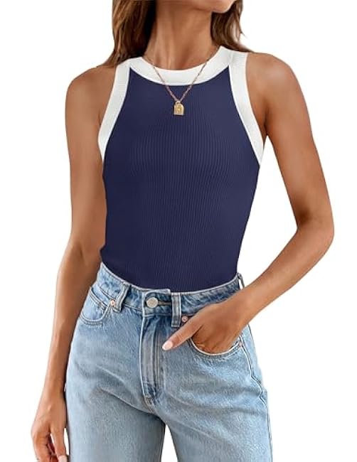 ZESICA Womens Summer Sleeveless Tank Tops Ribbed High Neck Racerback Slim Fitted Color Block Casual Shirts