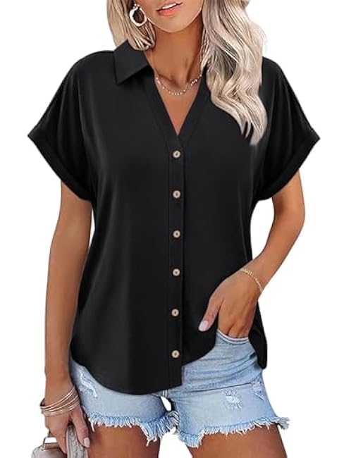 ORANDESIGNE Women's Short Sleeve Polo Tops Summer Button Down Collared T Shirts Casual Cute Ladies Tees