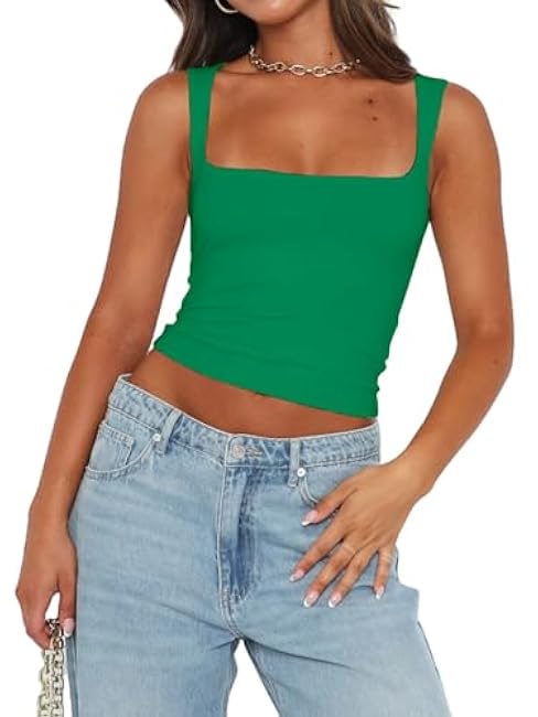 Abardsion Womens Sexy Crop Top Summer 2024 Square Neck Sleeveless Double Layer Going Out Tank Tops