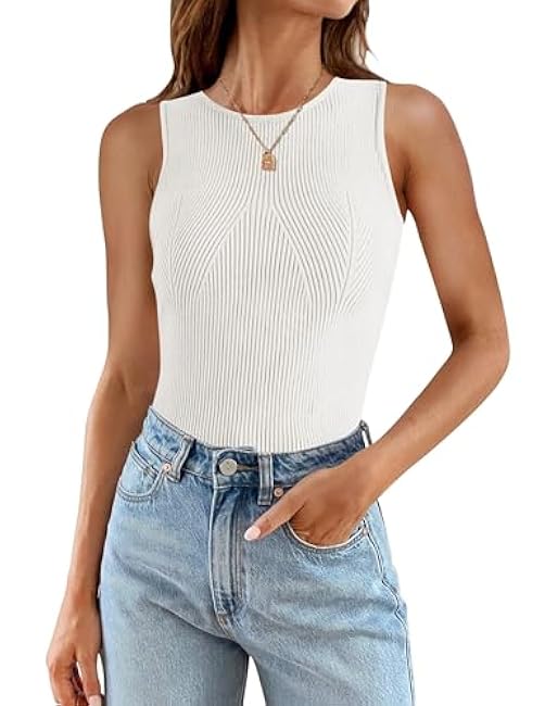 ZESICA Womens 2025 Ribbed Tank Tops Summer Sleeveless High Neck Casual Slim Fitted Basic Knit Shirts