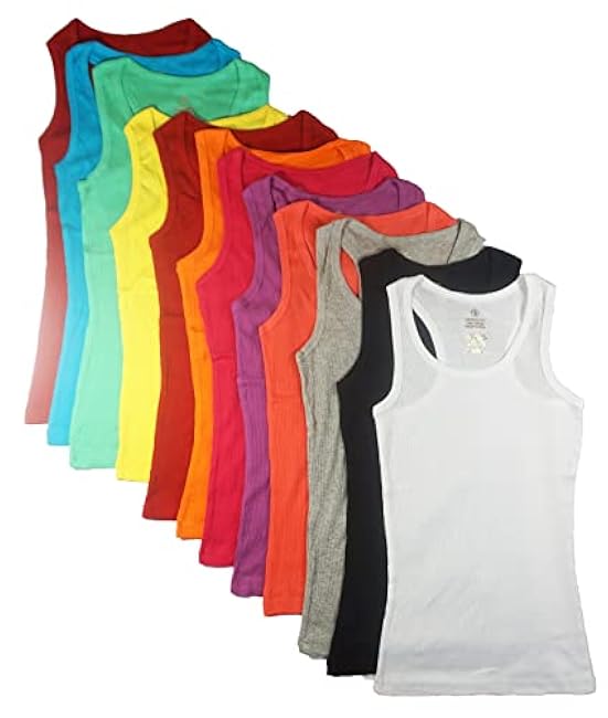 Studio 3 12 Pieces Pack Women's Ribbed 100% Cotton Tank Tops-Assorted Color
