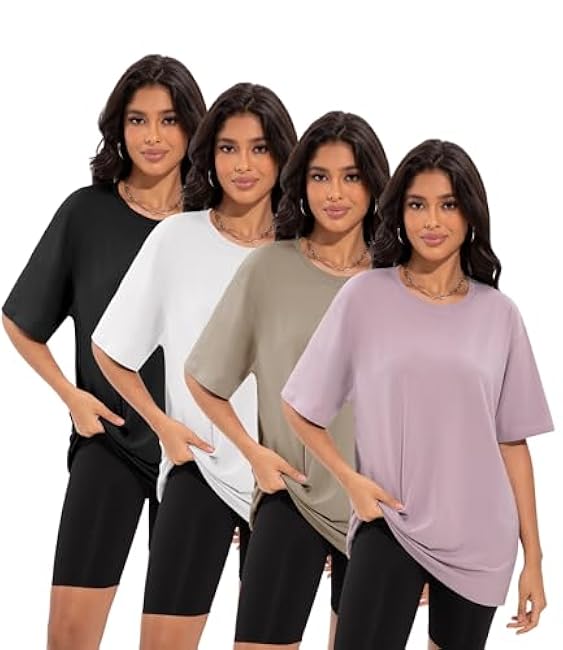 4 Pack Oversized Tshirts for Women, Loose Fit Crew Neck Summer Baggy Tops Workout Tees Plus Size T Shirts
