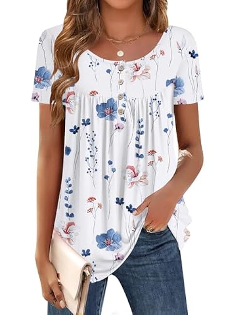 Zeagoo Women Tunic Tops Dressy Casual Summer Short Sleeve Shirts Floral Loose Fit Pleated Boho Top S-XXL