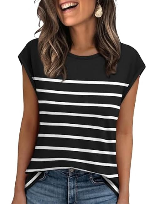 XIEERDUO Womens Tops Dressy Casual Summer Striped Shirts Cap Sleeve Tops Color Block Loose Fit
