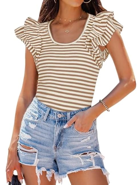 ZESICA Women's Ruffle Short Sleeve Striped T Shirts Summer Scoop Neck Slim Fitted Causal Basic Tee Tops