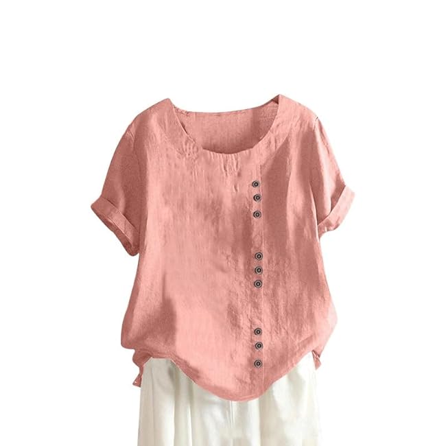 ZOCAVIA Women's Cotton Linen Shirts Summer Casual Boho Floral Short Sleeve Buttons Blouse Oversized Loose Ladies Tunic Tops