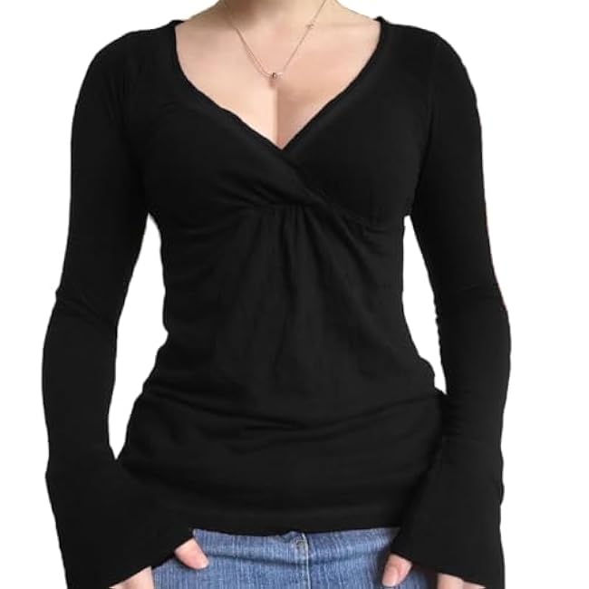 Women Fairy Grunge Aesthetic Shirts Tops Long Sleeve V Neck Tops Girl Basic Slim Fit Blouse Streewear