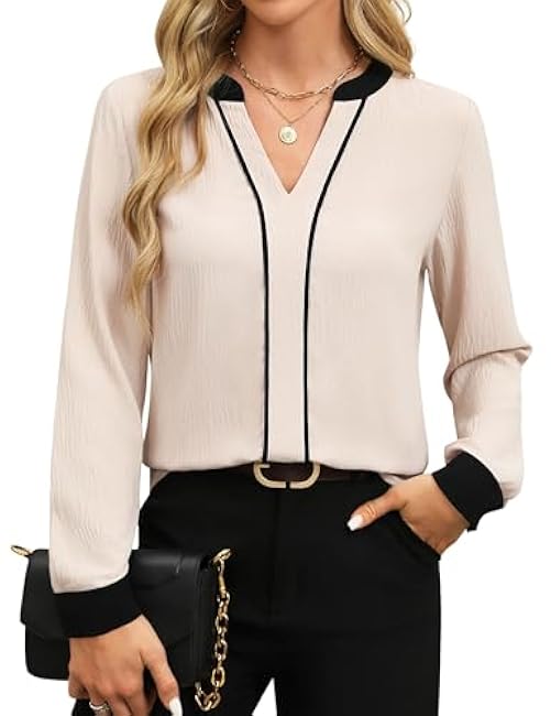 Fayenne Womens Tops Dressy Casual V Neck Color Block Business Casual Blouses Long Sleeve Work Shirts Fall Trendy Clothes