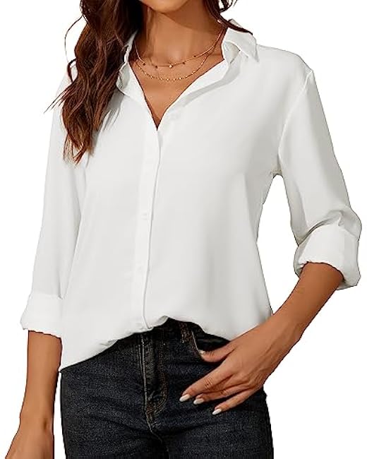 YAMANMAN Womens Button Down Shirt Long Sleeve Classic Collared Tops Work Office Casual Chiffon Blouse