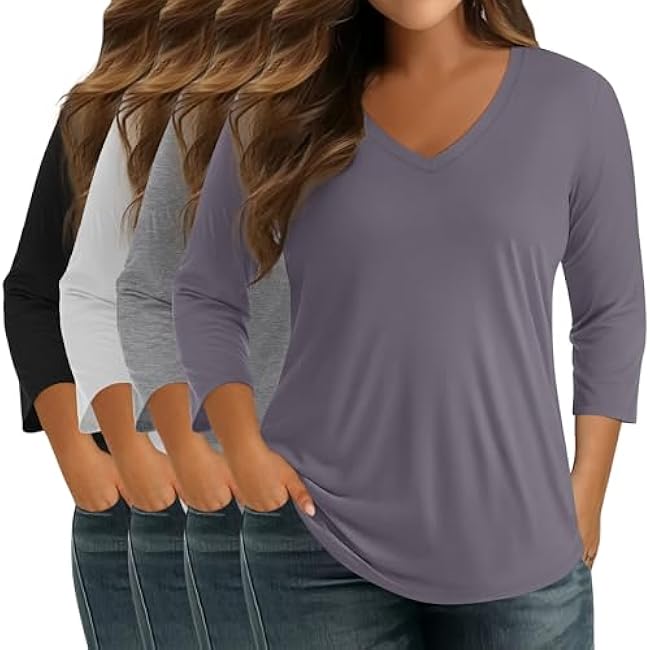 4 Pack Cotton Women's Plus Size 3/4 Sleeve V Neck Tops Loose Casual Shirts Basic Tees Clothes