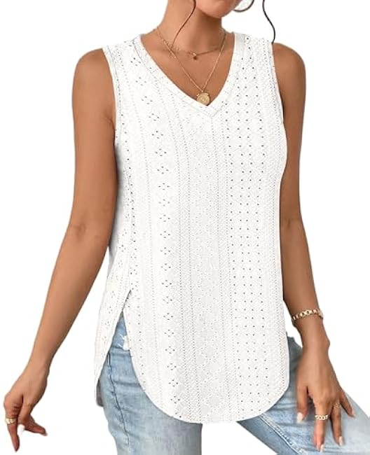 XIEERDUO Womens Tank Tops V Neck Eyelet Embroidery Casaul Sleeveless Shirts