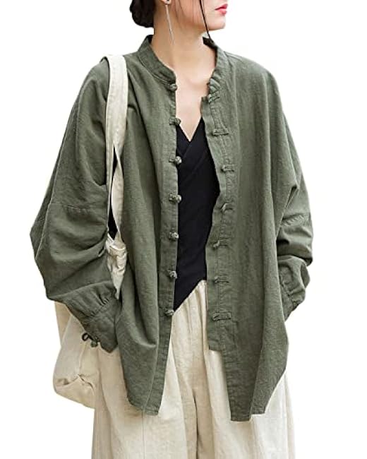 Women's Linen Oversized Blouses Vintage Long Sleeve Jackets Loose fit Chinese Frog Shirts