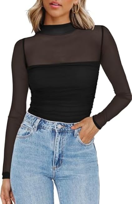 Zeagoo Women's Sexy Mock Turtle Neck Long Sleeve Tops Sheer Mesh Ruched Trendy Going Out Shirts Blouse