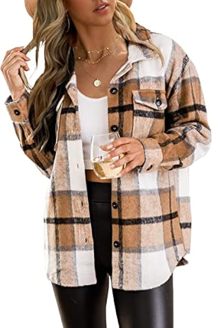 Trendy Queen Womens Flannel Shacket Casual Jacket Plaid Button Down Long Sleeve Shirt Fall Winter Outfits
