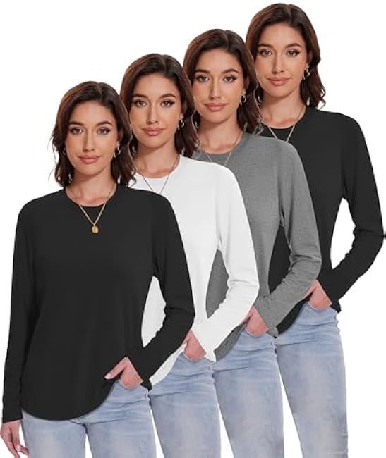 1/4 Pack Womens Long Sleeve Shirts Tops Loose Fit Basic Crew Neck Tee T Shirts Ultra Soft Blouses Tops