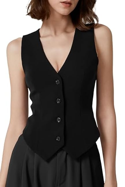 QINSEN Womens V Neck Vest Top Sleeveless Button Down Fully Lined Solid Going Out Crop Tops