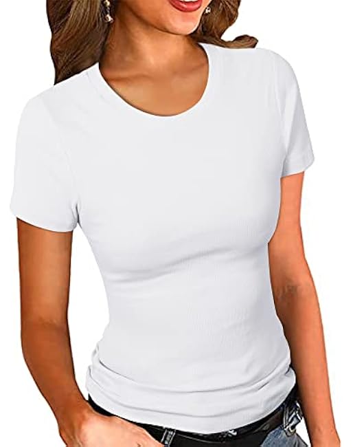PALINDA Women's Crew Neck Ribbed Fitted Shirt Basic Short Sleeves Summer T Shirt Tops