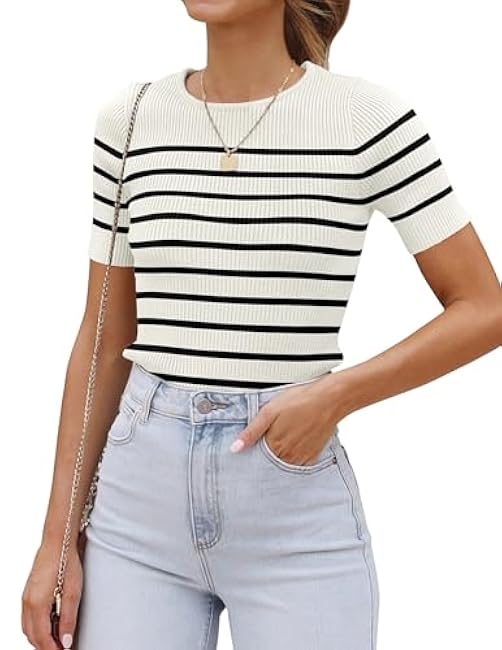 ZESICA Women's Short Sleeve Crewneck Striped T Shirt 2025 Summer Ribbed Knit Slim Fit Casual Basic Tee Tops