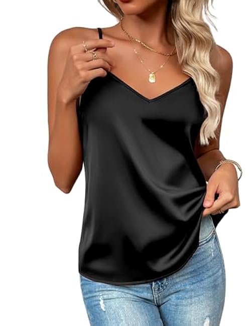 Zeagoo Women's Silk Satin Tank Tops 2025 V Neck Adjustable Spaghetti Strap Sleeveless Camisole Summer Basic Blouse