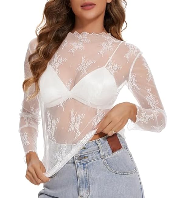Womens Lace Mesh Long Sleeve Top Floral Sheer See Through Sexy Tops Mock Neck Shirts Party Club Night Blouses