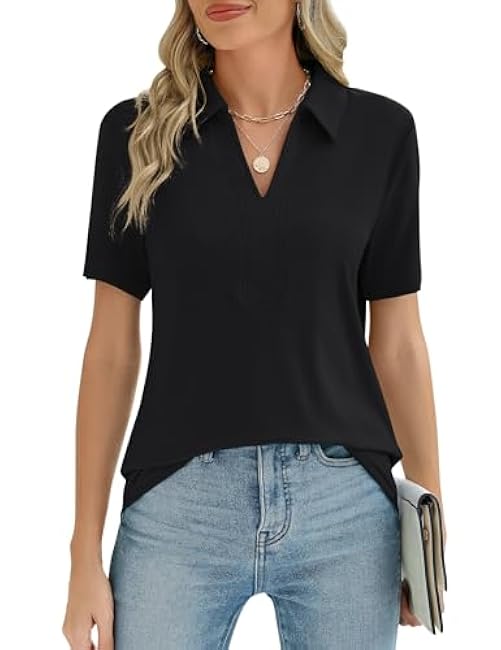 ZHENWEI Women's Short Sleeve V-Neck Polo Shirts Business Casual Work Collared Tops Dressy Johnny Collar Cute Blouses