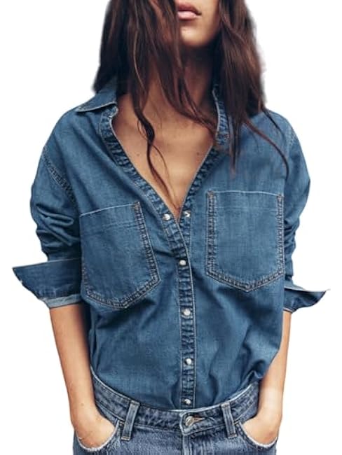 LifeShe Women V Neck Denim Shacket Button Down Jeans Shirts Oversize Jacket Shirt with Pockets