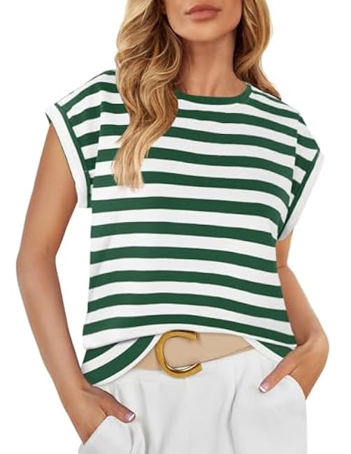 ZESICA Womens Summer Cap Sleeve Crewneck Tops Casual Loose Striped T-Shirts Basic Tees