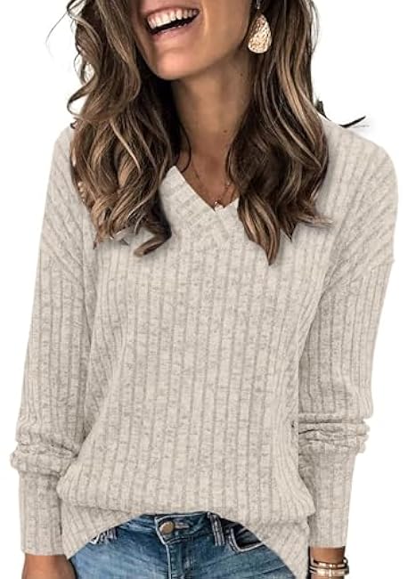Heymiss Womens Sweatshirts V Neck Long Sleeve Shirts Loose Casual Fall Fashion Sweaters S-2XL