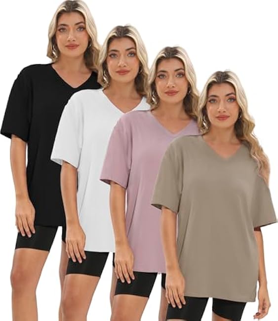 1/4 Pack Oversized TShirts for Women, Short Sleeve Drop shoulders Plus Size Baggy Dry Fit T Shirts Tops Tees