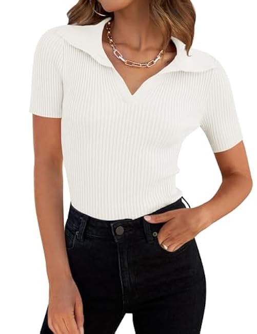 ZESICA Women's Short Sleeve V Neck T Shirts 2025 Summer Ribbed Knit Slim Fitted Basic Solid Color Tee Tops