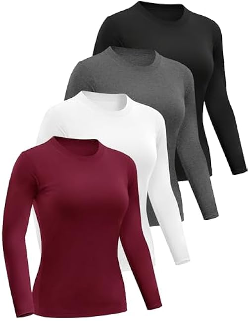 4 Pack Womenﾡﾯs Long Sleeve Basic Shirts Crew Neck Slim Fitted Compression Gym Workout Athletic Underscrubs Tops