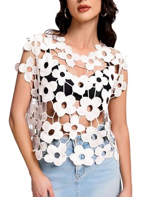 Flygo Hollow Out Floral Lace Crop Top for Women 2025 Trendy Sleeveless Crochet Vest Cover up Y2K Going Out Tops