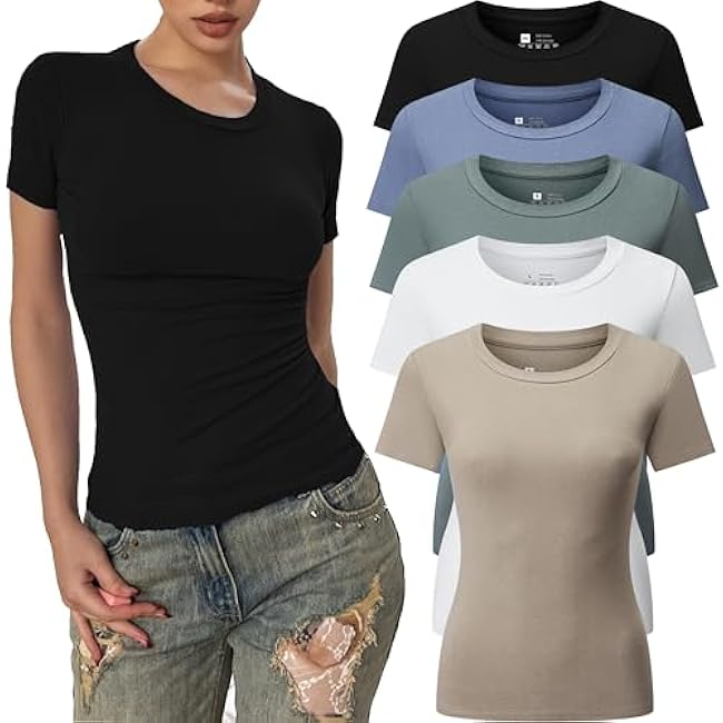 3/5 Pack Crew Neck T Shirts for Women Daily Casual Womens Fitted Tshirt Basic Tops for Women Stretchy Womens Tees