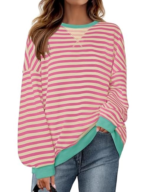 ZESICA Womens Casual Striped Pullover Tops Long Sleeve Shirts Crewneck Oversized Sweatshirts Spring Clothes