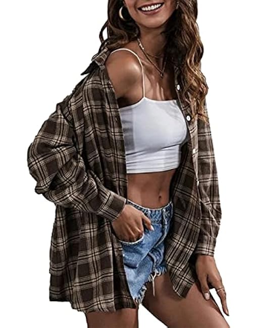 Zontroldy Plaid Flannel Shirts for Women Oversized Long Sleeve Button Down Buffalo Plaid Shirt Blouse Tops