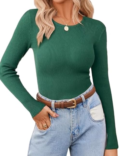 Zeagoo Women's Long Sleeve Ribbed Shirt 2025 Fall Knit Sweater Basic Slim Fit Tops Crewneck Cute Outfits
