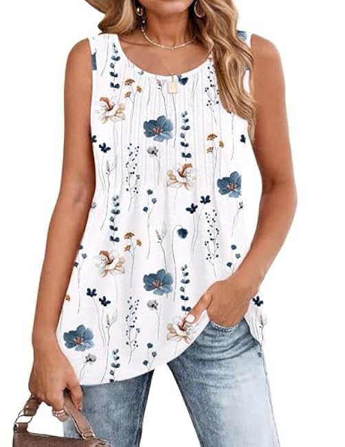 Zeagoo Women's Summer Tank Tops 2025 Pleated Crew Neck Floral Solid Loose Fit Casual Sleeveless Flowy Boho Tunic Shirts