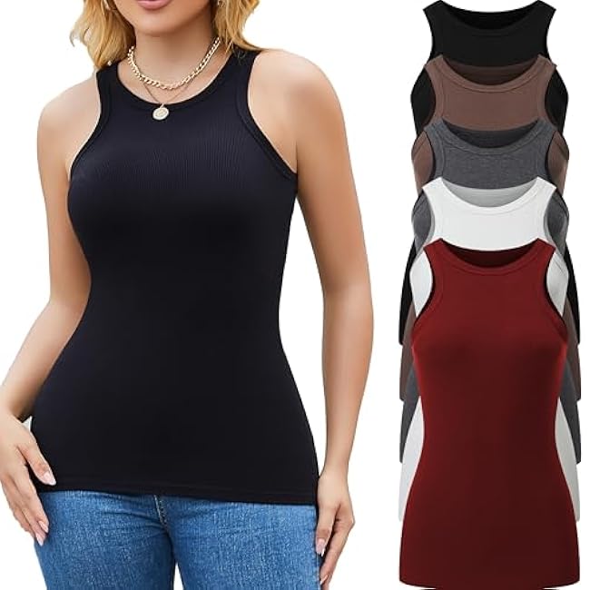 5 Pack Womens Tank Tops Crew Neck Sleeveless Racerback Summer Basic Fitted Womens Tops
