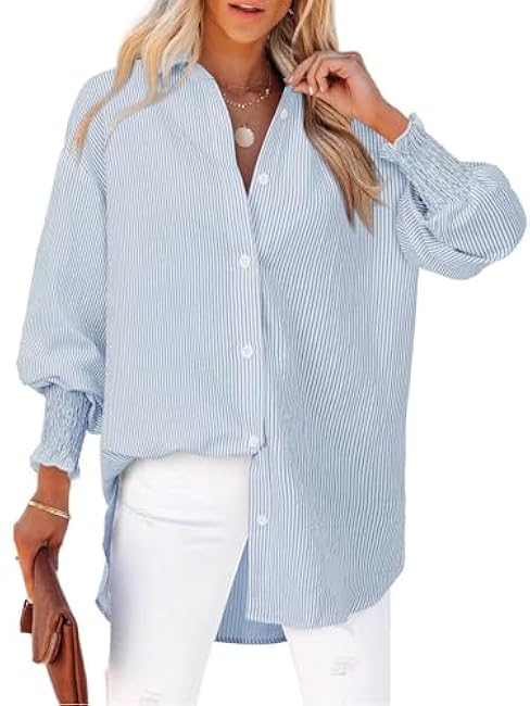 Women's Striped Button Down Shirts Long Sleeve Smocked Cuffed Oversized Boyfriend Blouses Collared Business Work Tops