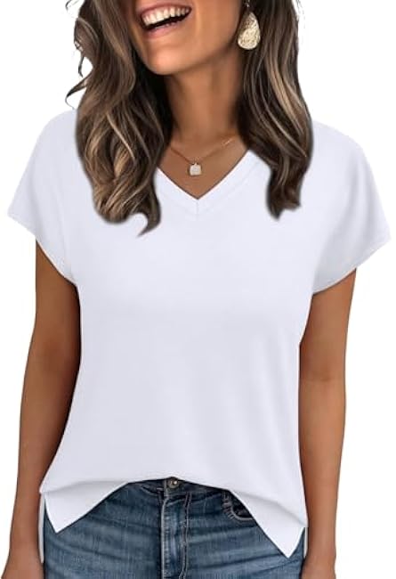 WIHOLL Womens Tops Basic Summer V Neck T Shirts Short Sleeve Dressy Casual Loose Fit Cute Tee Clothes Trendy Fashion Outfits