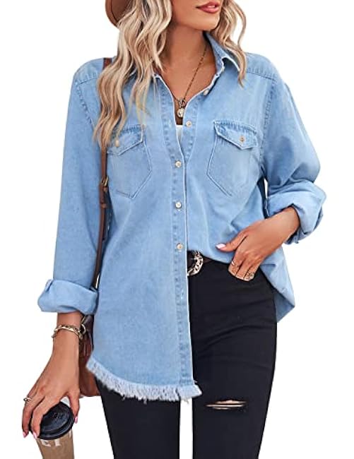 Zilcremo Women Denim Shirt Chambray Collared Jean Shirts Long Sleeve Pocket Button Down Blouses