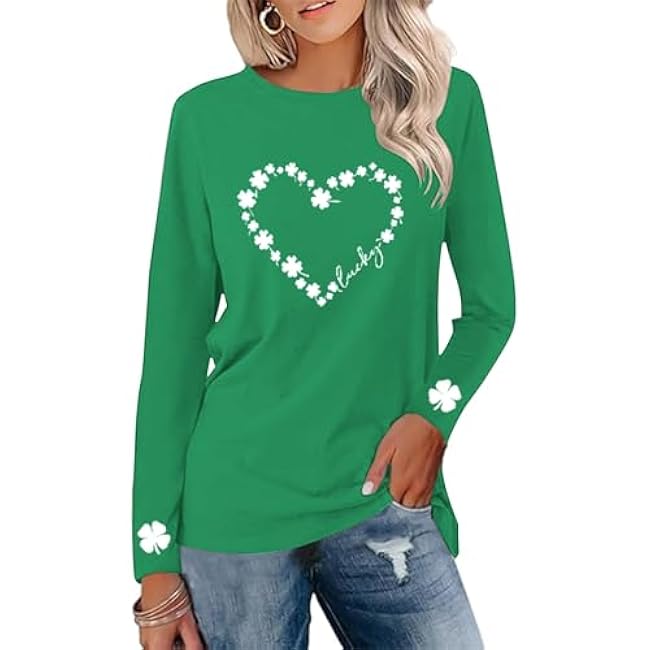 Saint Patricks Day Shirt Women Long Sleeve Green St Patricks Day Shamrock Shirt Irish Lucky Clover Heart Graphic Tee Top